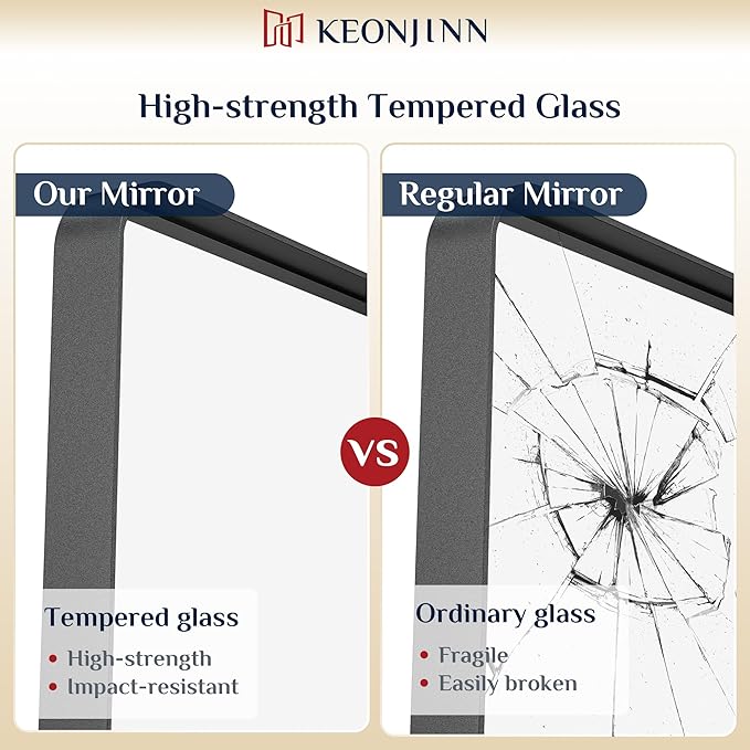 Keonjinn Black Bathroom Mirror for Over Sink, 42 x 20 Inch Rounded Rectangle Bathroom Vanity Mirror, Matte Black Farmhouse Mirror for Wall, HD Tempered Glass, Seamless Aluminum Alloy Frame Mirror