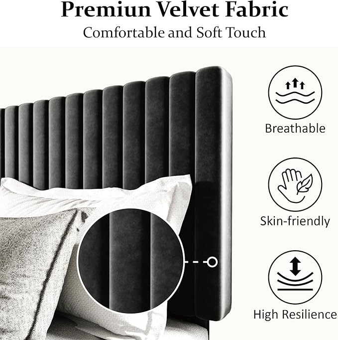 Queen Size Bed Frame with Velvet Upholstered Headboard, Platform Bed with Strong Wood Slats, Mattress Foundation, Box Spring Optional, Easy Assembly, Black