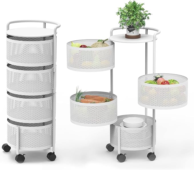 JAQ Rotating Storage Shelves Rack for Kitchen, 4-Tier Multi Layer Removable Basket Shelf Organizer on Rolling Wheels for Fruit Vegetable Grocery Corns Potato Onion (4-Tier, White)