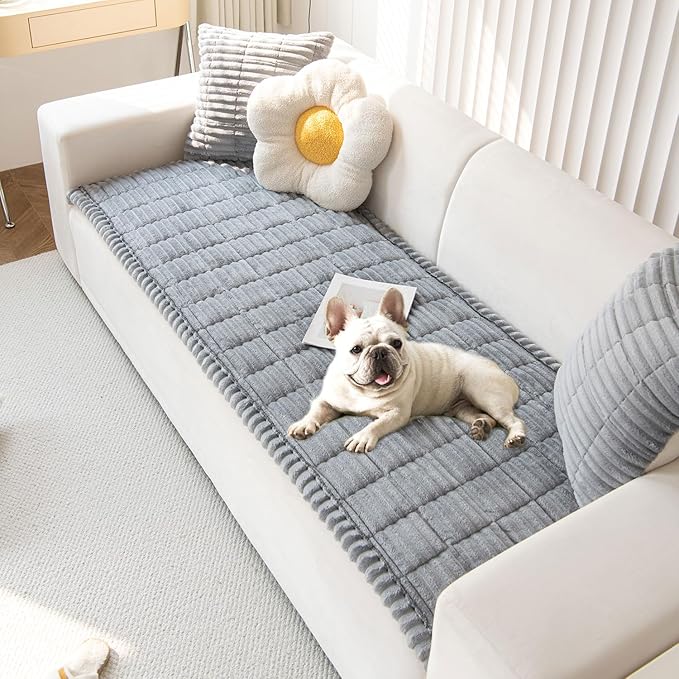 OTOB Sofa Covers for 3 Cushion Couch Washable, Fuzzy Non Slip Pet Friendly Couch Cover Protector Love Seat, All Seasons Soft Plush Furniture Bed Mats Sofa Slipcovers (Gray, 31.5" x 70.9'')