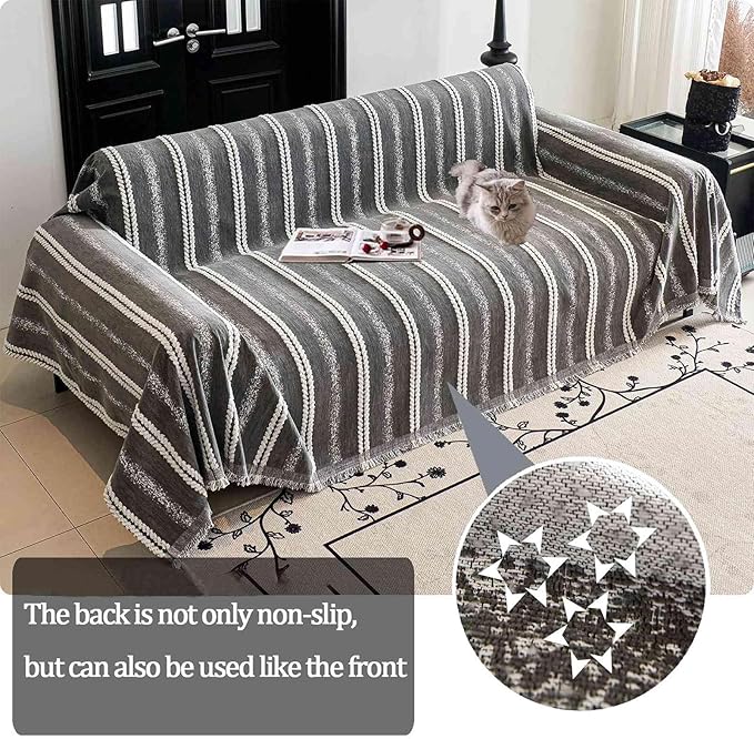 Couch Cover for Dogs Washable Sofa Cover, Sectional Couch Covers, Sofa Covers for 2 Cushion Couch, Non Slip Stripe Sofa Slipcovers Furniture Protector, Couch Protector from Cat Claws, Grey,75''x134''