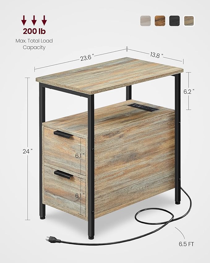 VASAGLE Side Table with Charging Station, Narrow End Table with 2 Drawers, Slim Nightstand and Bedside Table with Storage, for Small Spaces, Oak with Blue Grains and Black ULET321B60