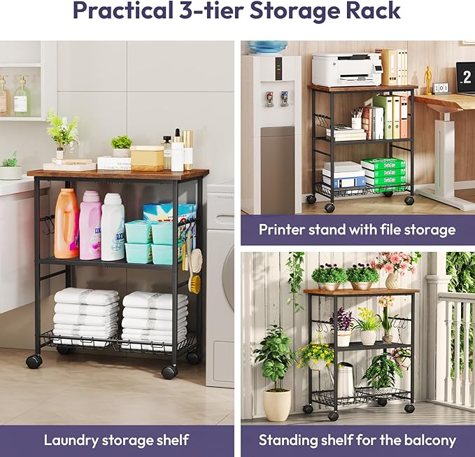 SWTYMIKI Rolling Kitchen Microwave Cart - 3 Tier Microwave Table Stand with Storage Basket and Hooks, Kitchen Utility Cart on Wheels, Coffee Cart Shelf Rack Organizer for Living Room Office, Balcony