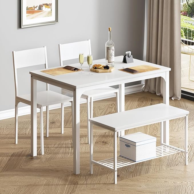 soges 4 Pieces Dining Table Set, 43.3 inch Kitchen Table Set for 4, Dining Set with 2 Chairs and Bench with Storage Rack, Nesting Furniture Set for Dining Room, Kitchen, Restaurant, White