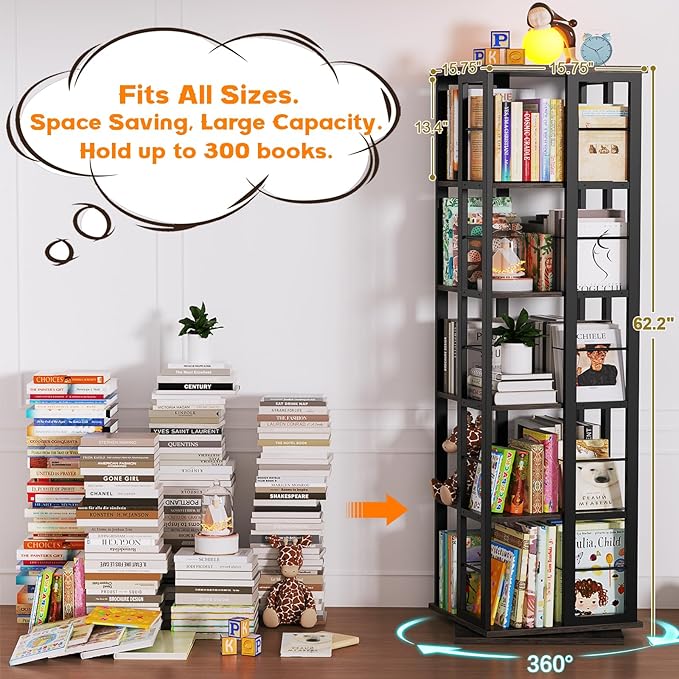 Aheaplus Rotating Bookshelf, Corner Bookcase, 360 Display Wood Spinning Bookshelves, Floor Standing Bookcase Narrow Shelf,5 Tiers, Grey Oak