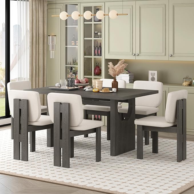 Ball & Cast 7-Piece Dining Table Set for 6 People, 59" Wood Dining Kitchen Table & Chairs Set, Dining Room Table with Trestle Base and 6 Upholstered Chairs, Perfect for Dining Room,Grey