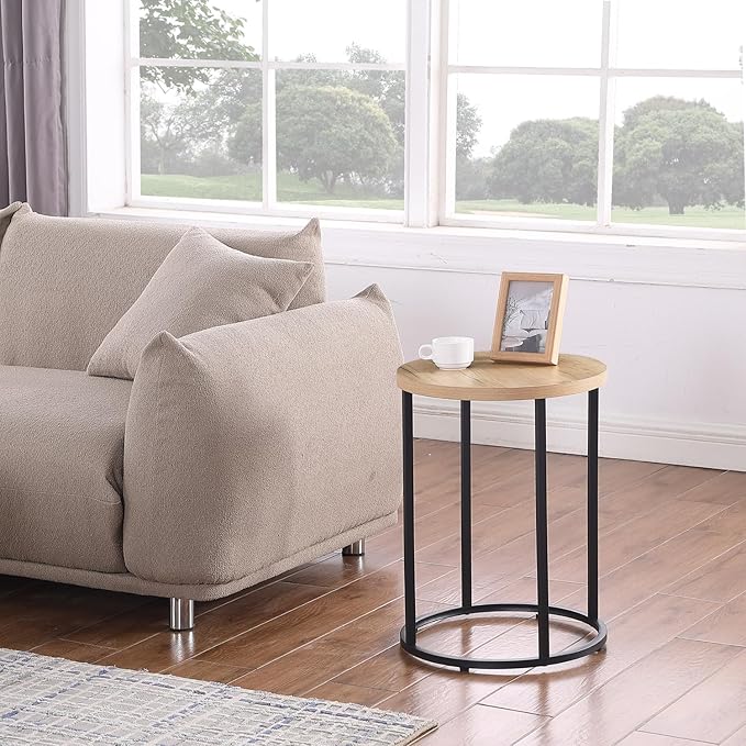 CENSI 16-Inch Natural Oak Round Accent End Table Side Table for Living Room, Mid-Century Modern Nightstand for Bedroom, Plant Stand, Wood and Metal