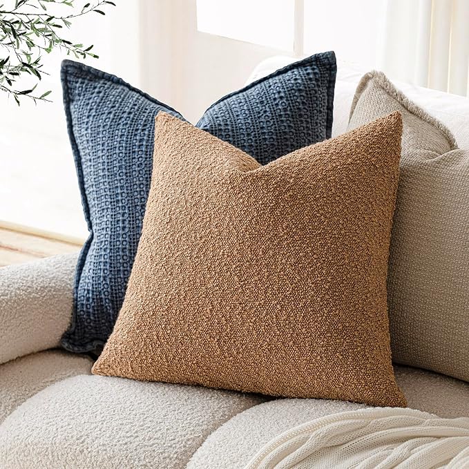 Foindtower Pack of 2 Textured Boucle Throw Pillow Covers Accent Solid Pillow Cases Cozy Soft Decorative Couch Cushion Case for Chair Sofa Bedroom Living Room Home Decor, 20 x 20 Inch,Rust Tobacco