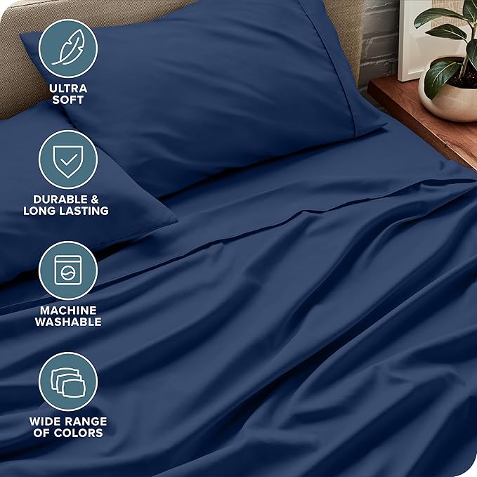 Bare Home Split Head Flex King Sheet Set - 1800 Ultra-Soft Microfiber Bed Sheets - Double Brushed - Deep Pockets - 4 Piece Set - FlexTop King Bedding Sheets (Split Head Flex King, Dark Blue)