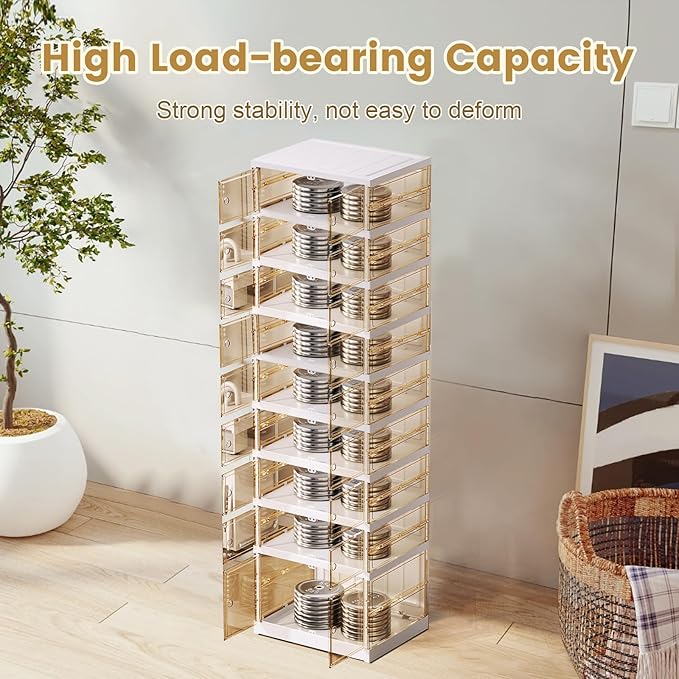 ELPHECO 9 Tier 18 Pairs Plastic Shoe Rack - Clear Foldable Shoe Organizer, Folding Entryway Shoe Cabinet, Collapsible Sneaker with Magnetic Doors, Stackable Shoe Shelf,Three-Sided Clear Shoe Box