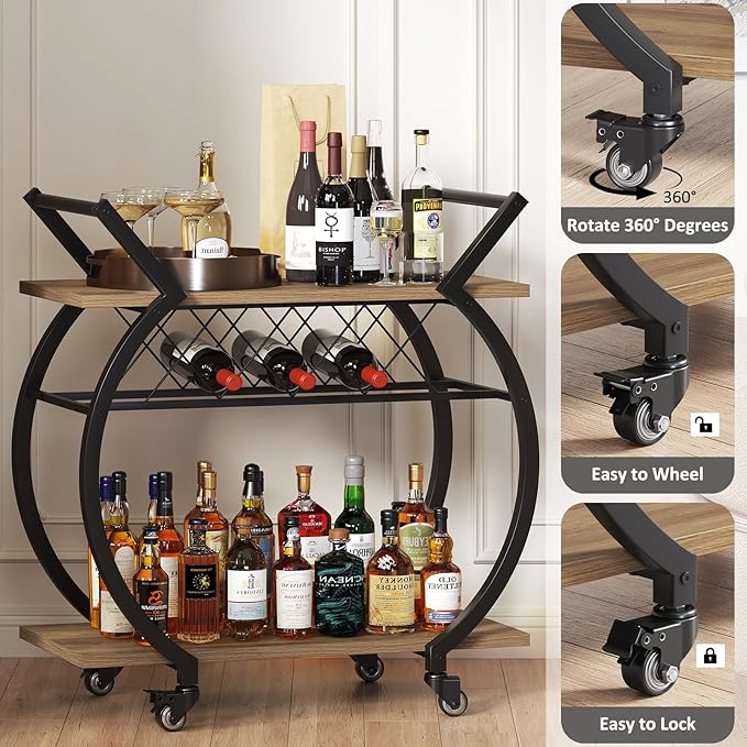 LVB Bar Cart with Wine Rack, 2 Tier Kitchen Cart on Wheels, Modern Wood and Metal Portable Coffee Cart Table for Home, Utility Industrial Mobile Serving Cart with Storage Shelf, Rustic Oak