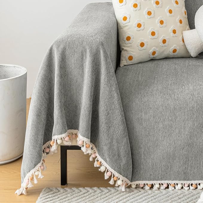 HANDONTIME Couch Slipcovers for Sofas Dark Grey Couch Cover Sofa Cover for Dogs Boho Pet Couch Protector with Tassel Chenille Herringbone Couch Cover for 2 3 Seat Washable Pet Friendly, 71" X118"