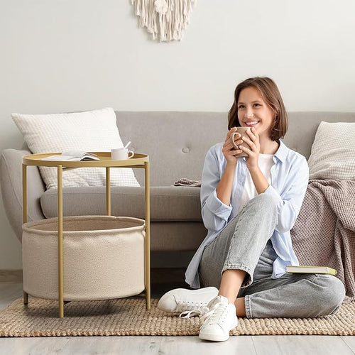 2 Tier Modern Side Table, Round End Table Living Room with Fabric Basket, Small Metal Bedside Nightstand with Removable Tray for Living Room, Bedroom, Office, Gold