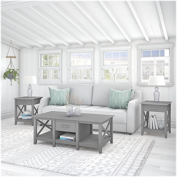 Bush Furniture Key West Coffee Table with Set of 2 End Tables in Cape Cod Gray