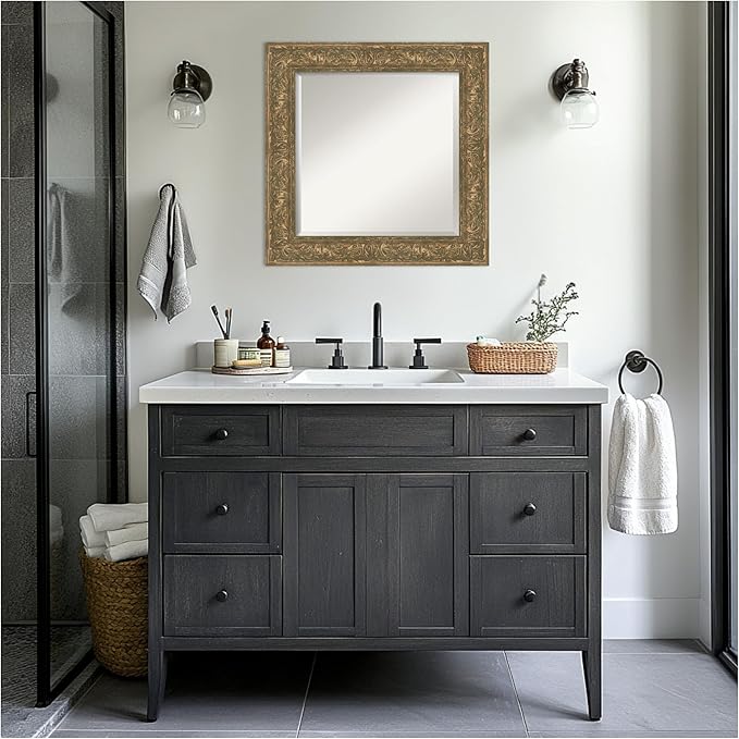 Amanti Art Bronze Bathroom Mirror for Over Sink, 27x27 Luxe Bronze Gold Square Vanity Mirror, Medium Traditional Frame, Hangs Horizonally and Vertically, Bathroom Wall Decor, Beveled Edge