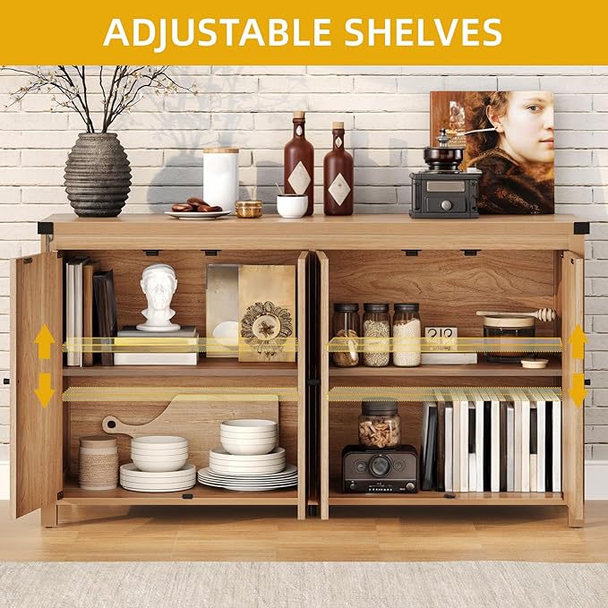 DWVO 55'' Sideboard Buffet Cabinet with Storage, Farmhouse Kitchen Storage Cabinet with Doors, Large Coffee Bar Cabinets with Adjustable Shelves for Kitchen, Living Room, Oak