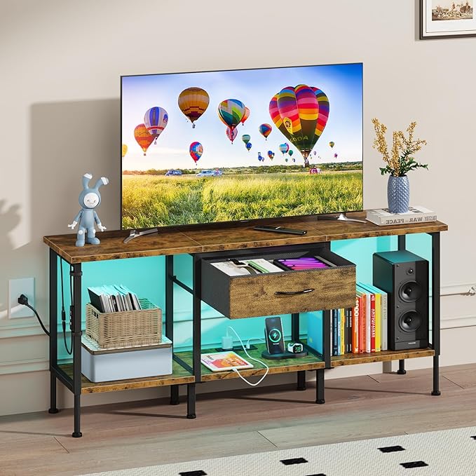 LED TV Stand with Power Outlet and Fabric Drawer for 55 50 45 Inches TV - Entertainment Center and Industrial TV Console Table for Living Room, Bedroom- 47" Rustic Brown