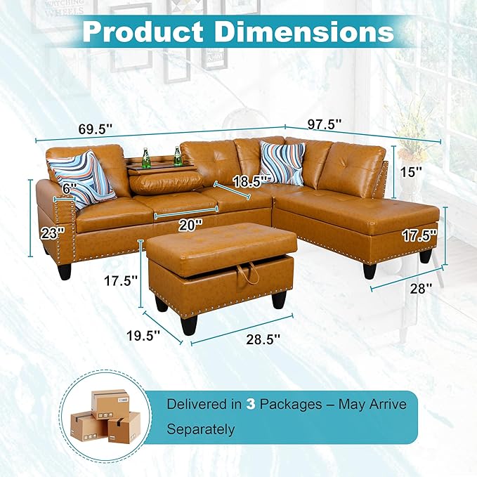 97.5" Oversized Sectional Couch, L Shaped Couch with Storage Ottoman, Modern Modular Sofa with Deep Seat, Sectional Couches for Living Room and Office, Ginger (PU Leather)