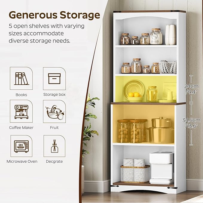 Tall Bookcase and Bookshelf, 6-Tier Bookcase with Storage, 63" Wooden Bookshelf, Farmhouse Freestanding Display Storage Shelves for Home Office, Living Room, White and Natural SJ09WH