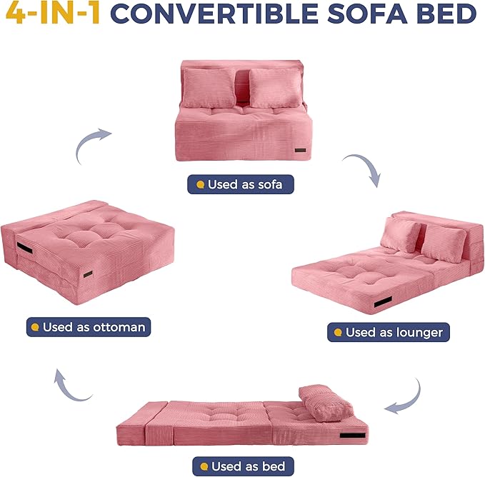MAXYOYO Convertible Sofa Bed, Fold Out Loveseat Sleeper Sofa with Pillow, 4 in 1 Tufted Folding Couch Bed Foam Floor Couch, Lazy Chair for Living Room Bedroom Guest Room, Pink