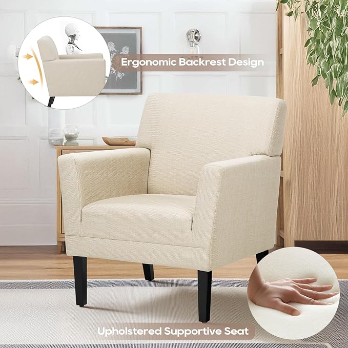 COLAMY Modern Accent Chair for Living Room, Upholstered Fabric Accent Armchair with Back, Soft Single Sofa Chair with Arms for Bedroom/Office/Reception Room, Oatmeal