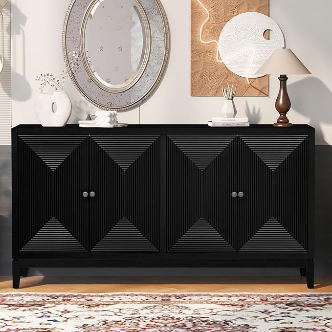 Merax 60" Sideboard Buffet Storage Cabinet with 4 Doors and Adjustable Shelves, Modern Wooden Accent Fluted Credenza Console Table for Kitchen, Study, Dining, Living Room, Coffee Bar, Entryway, Black