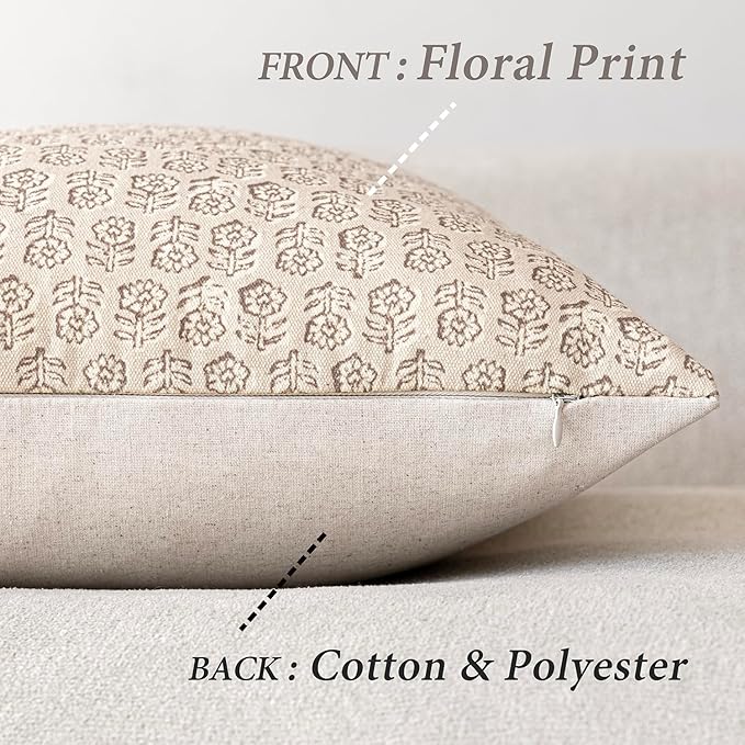 Foindtower Set of 2 Decorative Neutral Floral Print Throw Pillow Covers Vintage Accent Farmhouse Cushion Covers Boho Home Decor for Sofa Chair Couch Bedroom Living Room Outdoor,18×18 Inch,Ivory Beige