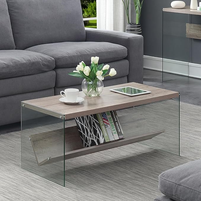 Convenience Concepts SoHo Modern Living Storage Shelf, Contemporary Coffee Table for Family Room, 40", Sandstone/Glass