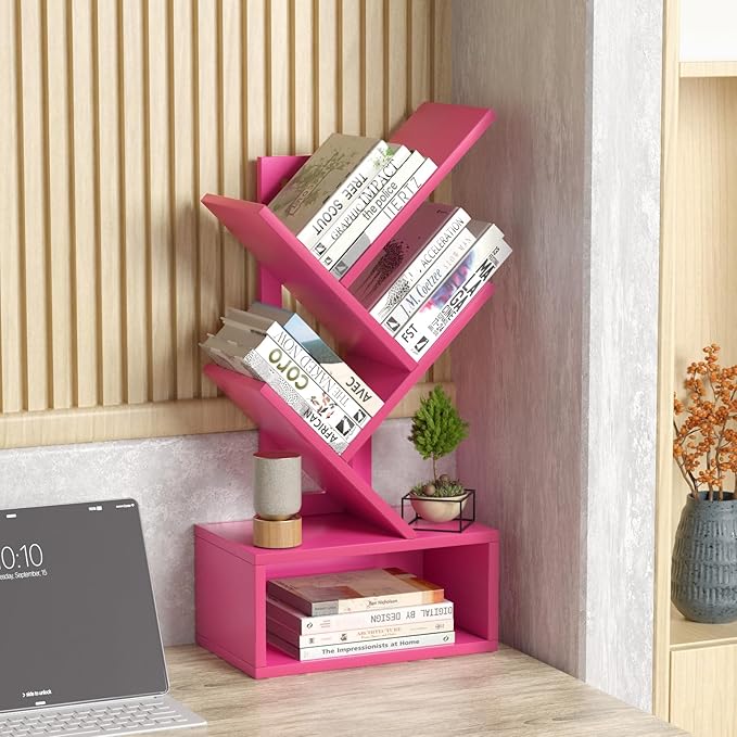 Small Tree Book Shelf,5 Tier Black Tree Bookshelf,Desktop Bookcase,Modern Desk Display Storage Bookshelves,Floor Standing Organizer Bookcases for Living Room,Bedroom,Office