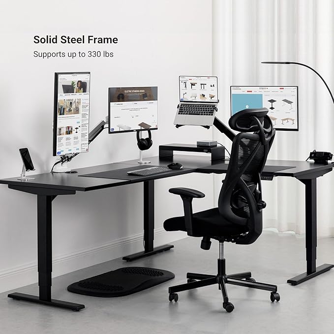 Progressive Desk Height Adjustable Computer Standing Desk - L Shaped 70" x 55" Corner Electric Stand Up Rising Workstation - Warm White, Gray Frame