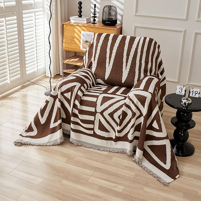 HANDONTIME Chocolate Boho Couch Cover Reversible Sofa Covers for 3 Cushion Couch Washable Sofa Cover for Dogs Dark Couches Covers Chenille Couch Protector Covers for Sofa, 71" X102"