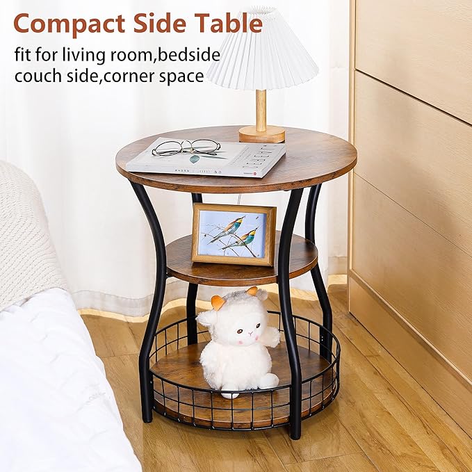 Round Side Table,3 Tier End Table with Storage Shelves for Living Room, Accent Sofa Couch Table for Small Spaces,Nightstand with Metal Frame for Bedroom, Rustic Brown - 19.7"