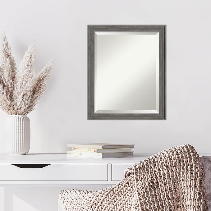 Amanti Art Grey Wall Mirror 23x19 Regis Barnwood Grey Narrow Rectangle Bathroom Mirror for Wall Decor Living Room, Small Country Rustic Wood Frame, Hangs Horizonally and Vertically, Bathroom Decor,