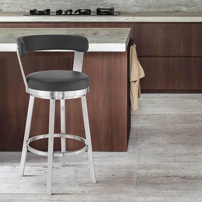 Armen Living Bryant Modern 26" Seat Height Black Faux Leather and Brushed Stainless Steel Metal Swivel Bar Stool for Kitchen Island Counter