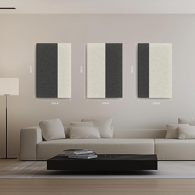 3-Pack Stitched Fabric Acoustic Panels Sound Absorbing, 3-Piece 35.5x23.6 Inches Sound Proof Foam Panels for Walls, Sound Dampening Wall Panels for Home, Office. Dark Gray and Light Gray