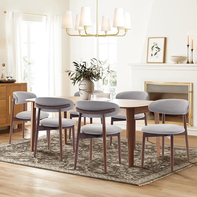 COLAMY Wooden Dining Chairs Set of 6, Modern Fabric Upholstered Dining Room Chair, Farmhouse Kitchen Chairs with Foot Pegs, Light Grey