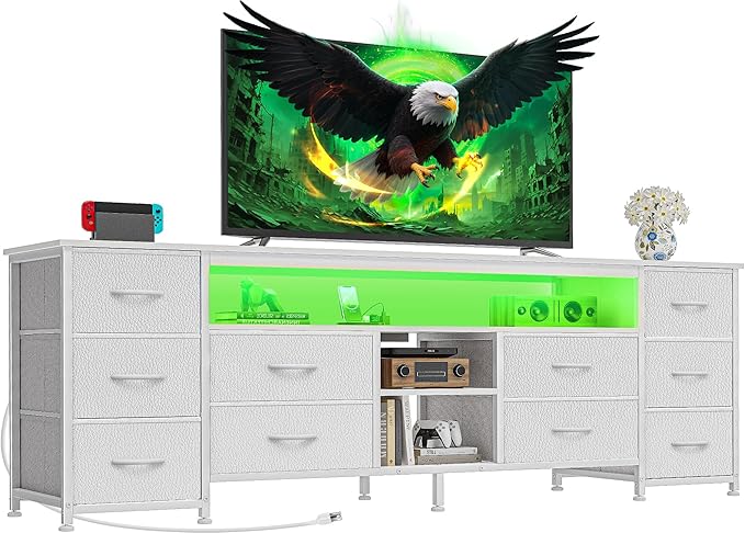 Huuger 63 Inch LED TV Stand Dresser with Power Outlets, USB-C Port and LED Lights, 10 Fabric Drawer Dresser for Bedroom, Long Entertainment Center for 65, 70 Inch TV, Open Shelves, PU Leather, White