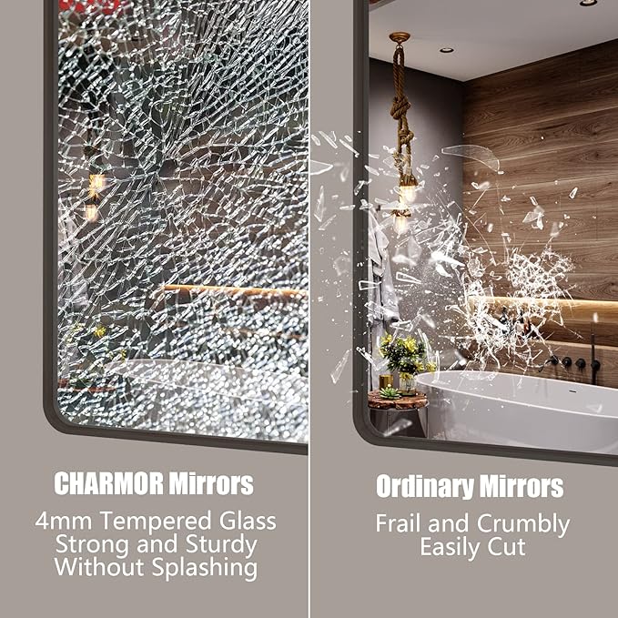 60x28 Bronze Bathroom Mirror for Wall, Brushed Bronze Metal Framed Bathroom Vanity Mirror, Rounded Corner, Shatterproof, Anti-Rust (Horizontal/Vertical)