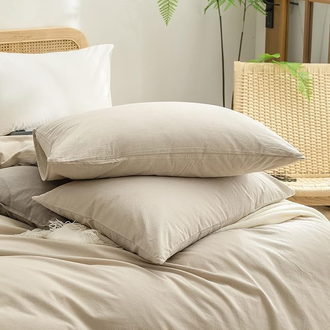 BESTOUCH Duvet Cover Set 100% Washed Cotton Linen Feel Super Soft Comfortable Chic Lightweight 3 PCs Home Bedding Set Solid Almond Milk Grey King