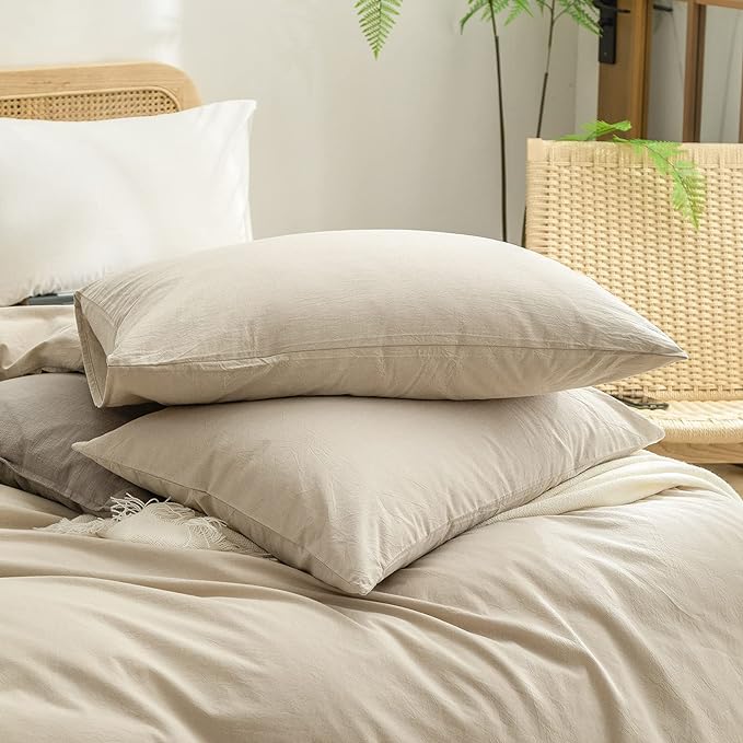 BESTOUCH Duvet Cover Set 100% Washed Cotton Linen Feel Super Soft Comfortable Chic Lightweight 3 PCs Home Bedding Set Solid Almond Milk Grey Queen