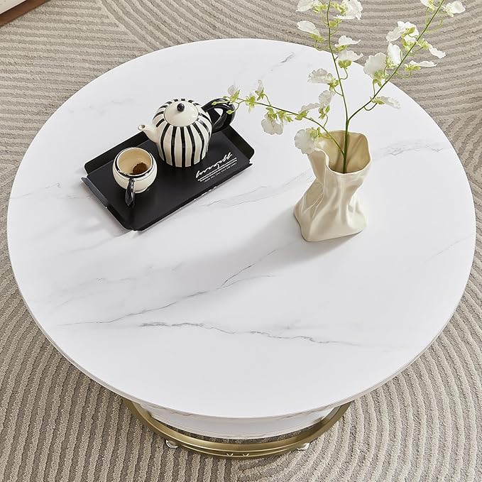 Elephance Round Coffee Table with Storage, 30 Inch Modern Coffee Table for Living Room,Wooden Tabletop-Marble White Print with Gold Frame