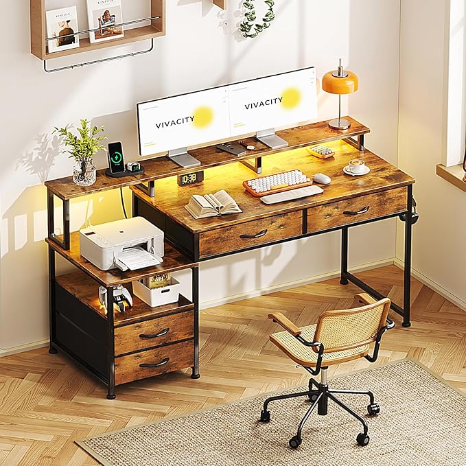 53" Computer Desk with 4 Drawers & Power Outlets, Reversible Home Office Desk with Monitor Stand & Printer Stand, Gaming Desks with Led Lights, Study Writing Work Desks Table for Bedroom, Vintage