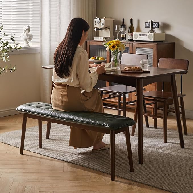 Entryway Bench, Solid Wood Dining Bench, Midcentury End of Bed Bench with PU Leather Padded Seat, Bedroom Bench, 47.24" L x 12.6" W x 17.72" H (Green)