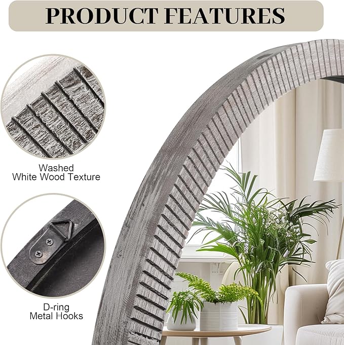 30" Round Wood Mirror, Large Round Mirror with Beveled, Wood Round Mirrors for Wall Decor, Rustic Circle Wall Mirrors for Entryway, Living Room, White Washed Frame