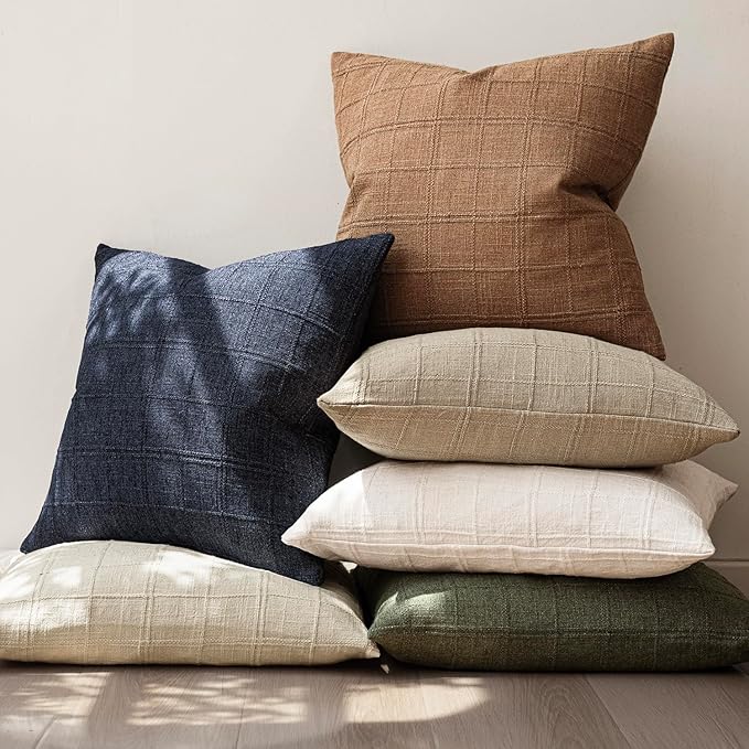 Foindtower Set of 2 Decorative Linen Check Throw Pillow Covers Neutral Farmhouse Vintage Cushion Covers Modern Boho Home Decor for Sofa Chair Couch Bedroom Living Room Outdoor,22×22 Inch,Navy Blue