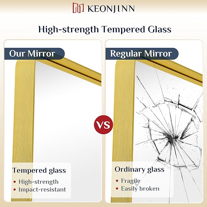 Keonjinn Gold Bathroom Mirrors for Vanity, 24 x 32 Inch Rounded Rectangle Gold Mirror for Wall, Brushed Brass Mirror with Metal Frame, HD Tempered Glass, Modern Gold Framed Mirror(Horizontal/Vertical)