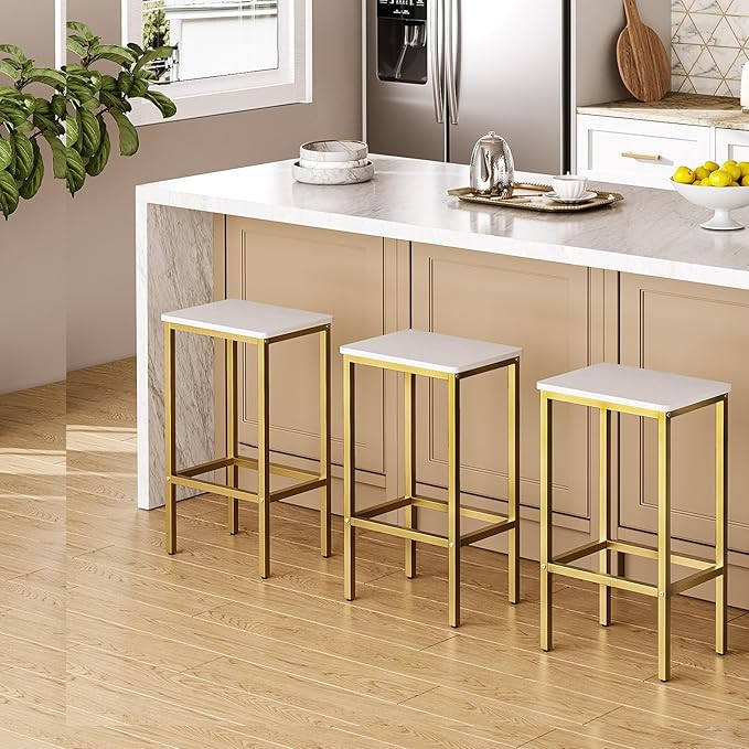 Bar Stools, Set of 2 Bar Chairs, Kitchen Breakfast Bar Stools with Footrest, 25.8-Inch Height, Rectangular Industrial Stools, for Dining Room, Easy Assembly, White and Gold BAJW0101
