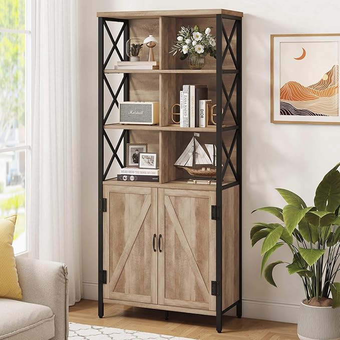 FATORRI Rustic Tall Bookshelf with Doors, Industrial Farmhouse Bookcase with Storage, 6 Cube Storage Organizer Book Shelf for Living Room, Home Office (Rustic Oak, 67 Inch)