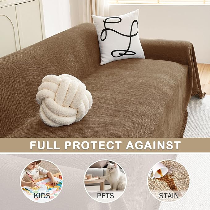 hyha Couch Cover for Dogs, Boho Sofa Covers for 3 Cushion Couch Washable, Chenille Sofa Slipcover for Pets, Soft Loveseat Sectional Couch Throw Blankets with Tassels (Chocolate, 71x134 Inch)