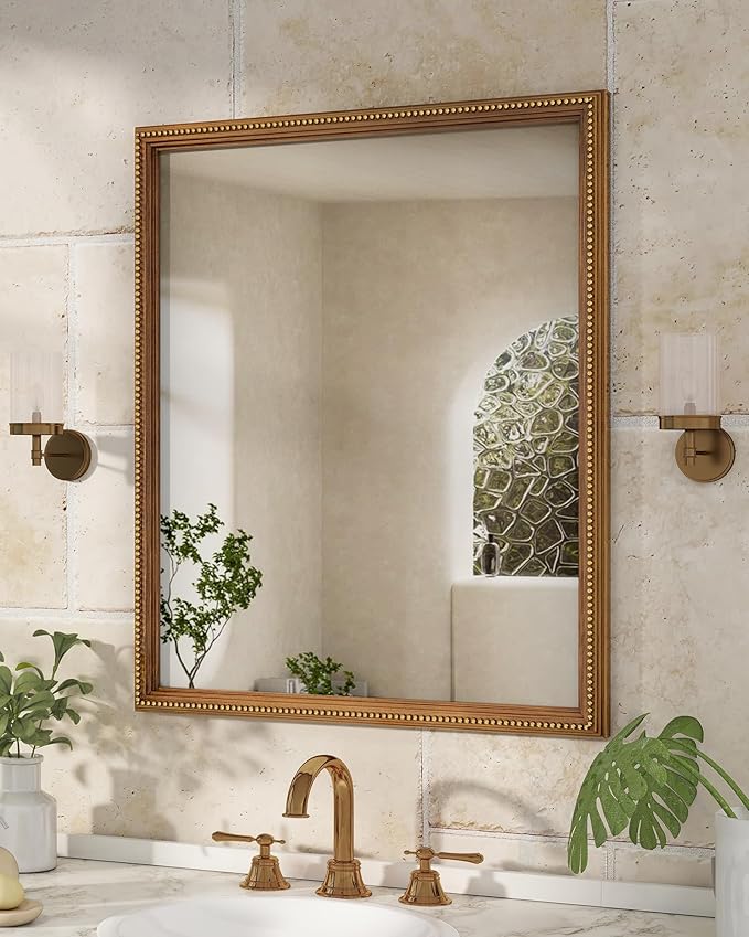 Axeman 30x36 Wood Wall Mirror, Rustic Bathroom Mirror, Vintage Wall Mounted Mirror Tempered Glass with Beaded Wooden Frame for Farmhouse Living Room Vanity Bedroom Entryway, Bronze